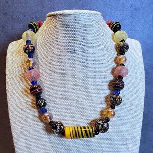 New Vintage 90s Y2K India Artisan Glass Beads Black Multi Necklace OOAK Style B